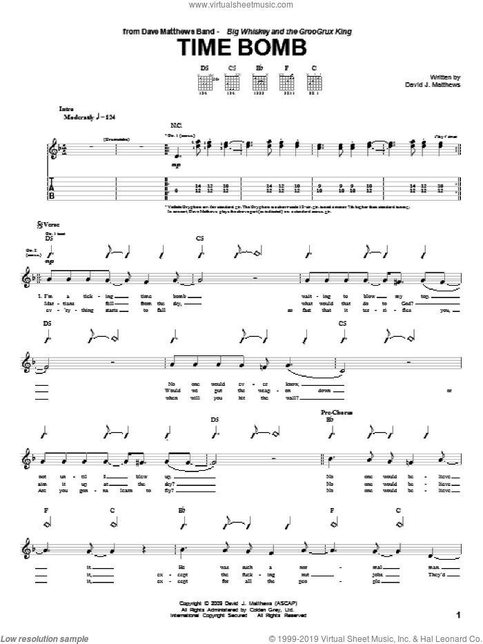 Time Bomb sheet music for guitar (tablature) by Dave Matthews Band, intermediate skill level