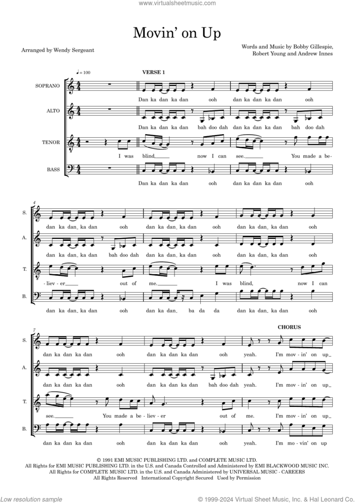 Movin' On Up (arr. Wendy Sergeant) sheet music for choir (SATB: soprano, alto, tenor, bass) by Primal Scream, Wendy Sergeant, Andrew Innes, Bobby Gillespie and Robert Young, intermediate skill level