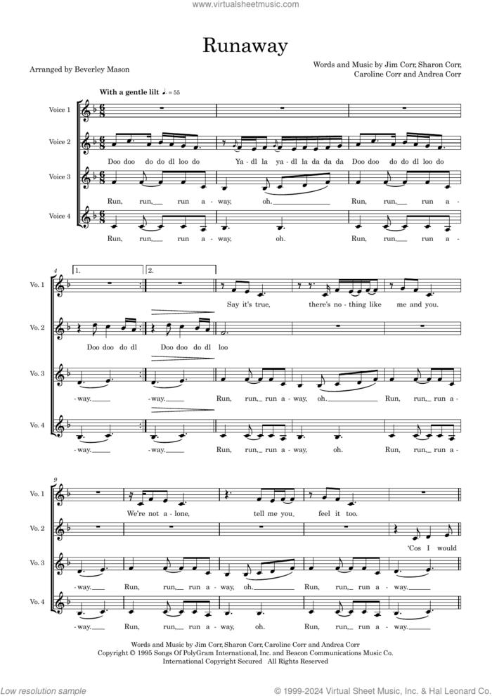 Runaway (arr. Beverley Mason) sheet music for choir (SSAA: soprano, alto) by The Corrs, Beverley Mason, Andrea Corr, Caroline Corr, Jim Corr and Sharon Corr, intermediate skill level