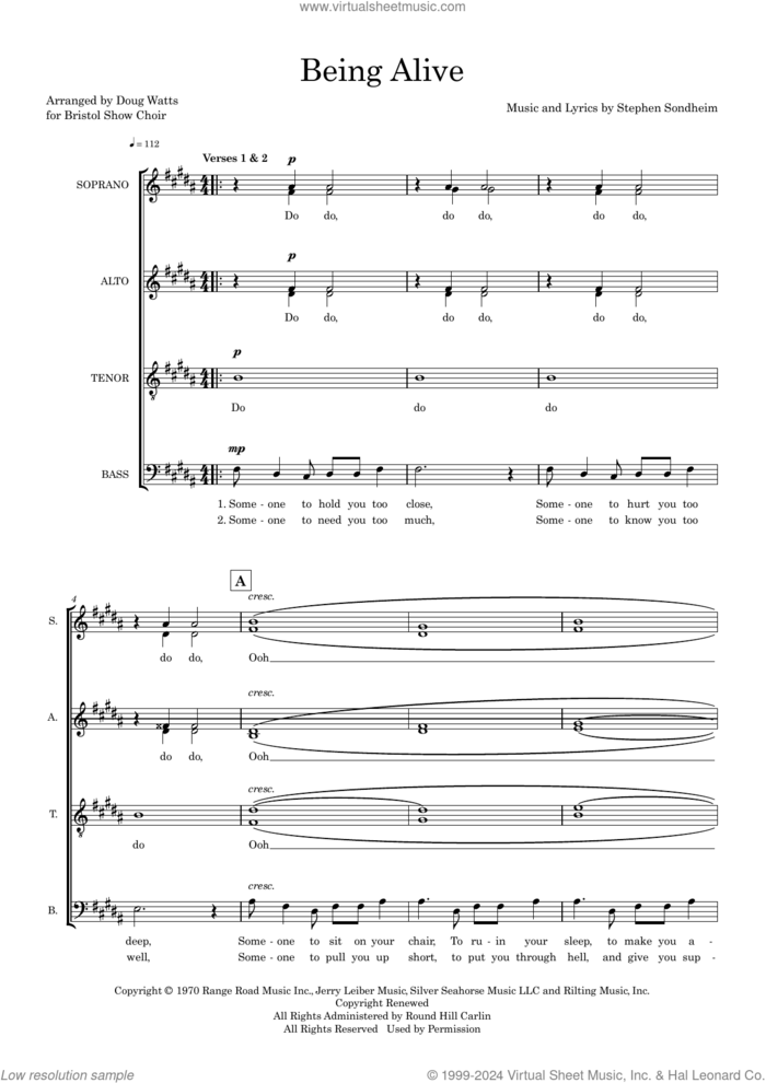 Being Alive (arr. Doug Watts) sheet music for choir (SSAATTBB) by Stephen Sondheim and Doug Watts, intermediate skill level
