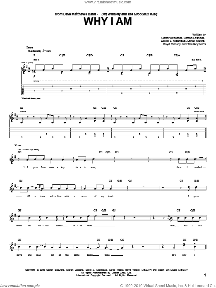 Why I Am sheet music for guitar (tablature) by Dave Matthews Band, Boyd Tinsley, Carter Beauford, Leroi Moore, Stefan Lessard and Tim Reynolds, intermediate skill level