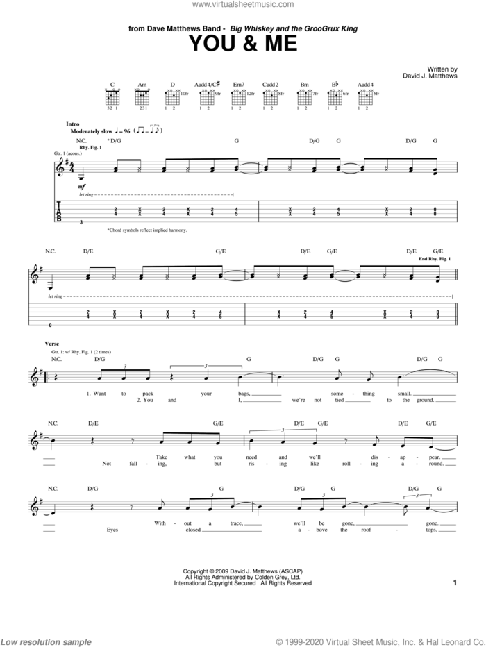 You and Me sheet music for guitar (tablature) by Dave Matthews Band, wedding score, intermediate skill level