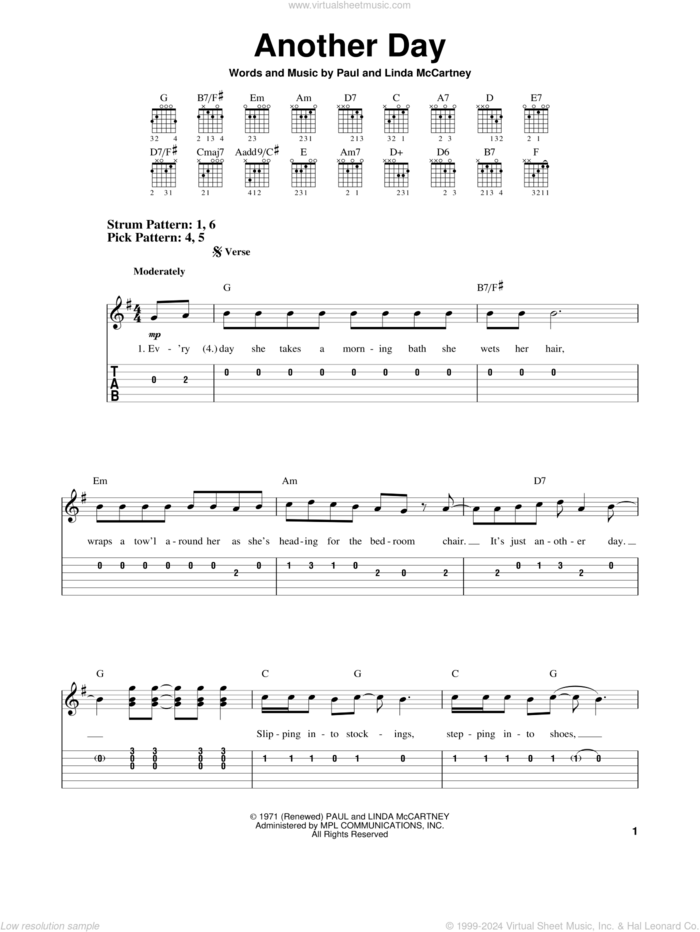 Another Day sheet music for guitar solo (easy tablature) by Paul McCartney and Linda McCartney, easy guitar (easy tablature)