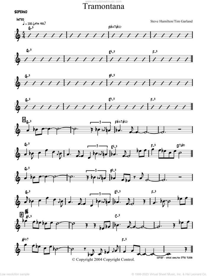 Tramontana sheet music for soprano saxophone solo by Bill Bruford, intermediate skill level