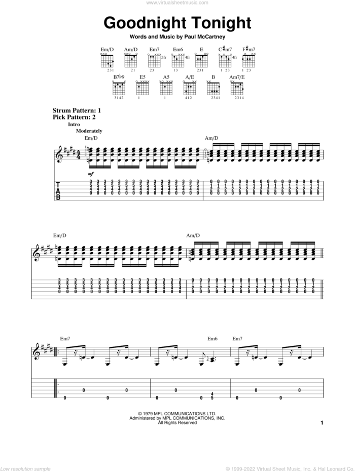 Goodnight Tonight sheet music for guitar solo (easy tablature) by Paul McCartney and Paul McCartney and Wings, easy guitar (easy tablature)