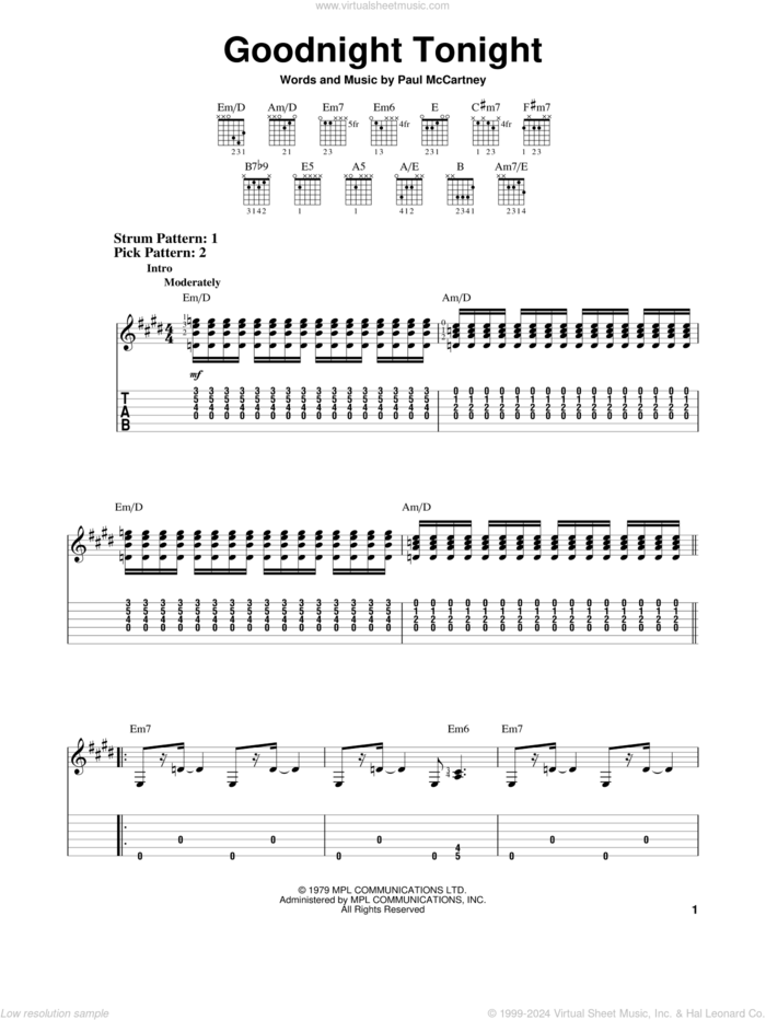 Goodnight Tonight sheet music for guitar solo (easy tablature) by Paul McCartney and Paul McCartney and Wings, easy guitar (easy tablature)