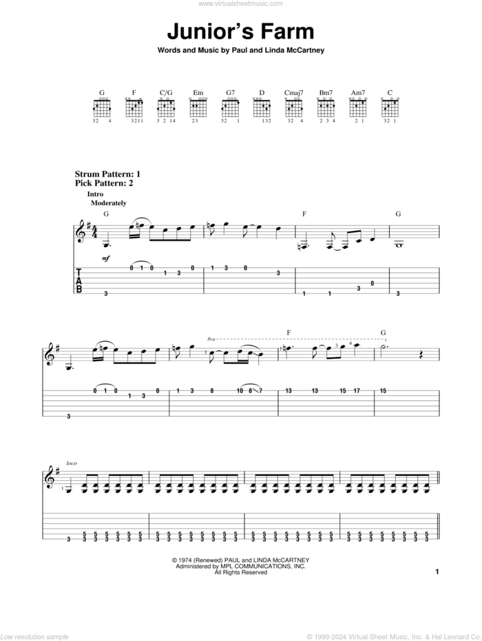 Junior's Farm sheet music for guitar solo (easy tablature) by Paul McCartney, Paul McCartney and Wings and Linda McCartney, easy guitar (easy tablature)