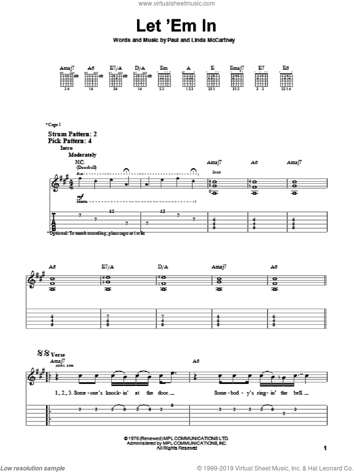 Let 'Em In sheet music for guitar solo (easy tablature) by Paul McCartney, Paul McCartney and Wings and Linda McCartney, easy guitar (easy tablature)
