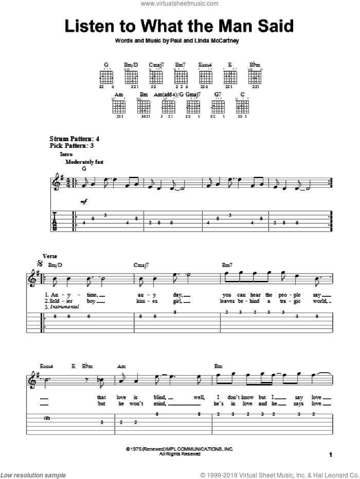Listen To What The Man Said sheet music for guitar solo (easy tablature) by Paul McCartney, Paul McCartney and Wings and Linda McCartney, easy guitar (easy tablature)