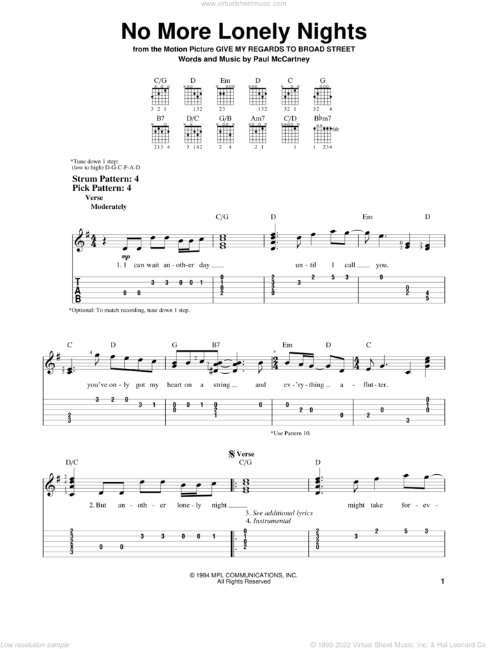No More Lonely Nights sheet music for guitar solo (easy tablature) by Paul McCartney, easy guitar (easy tablature)
