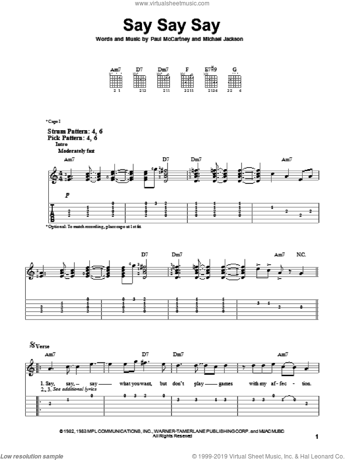 Say Say Say sheet music for guitar solo (easy tablature) by Paul McCartney and Michael Jackson, Michael Jackson and Paul McCartney, easy guitar (easy tablature)
