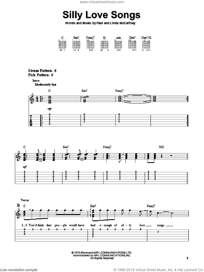 Silly Love Songs sheet music for guitar solo (easy tablature) by Paul McCartney, Paul McCartney and Wings and Linda McCartney, easy guitar (easy tablature)