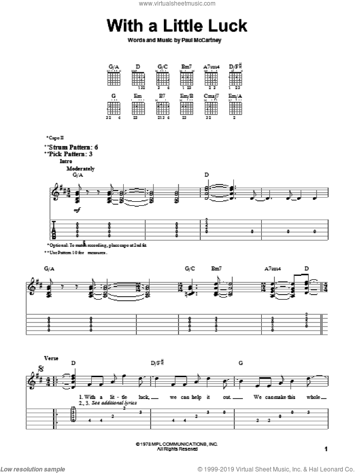 With A Little Luck sheet music for guitar solo (easy tablature) by Paul McCartney and Paul McCartney and Wings, easy guitar (easy tablature)