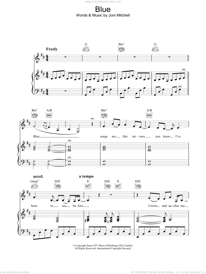 Blue sheet music for voice, piano or guitar by Joni Mitchell, intermediate skill level