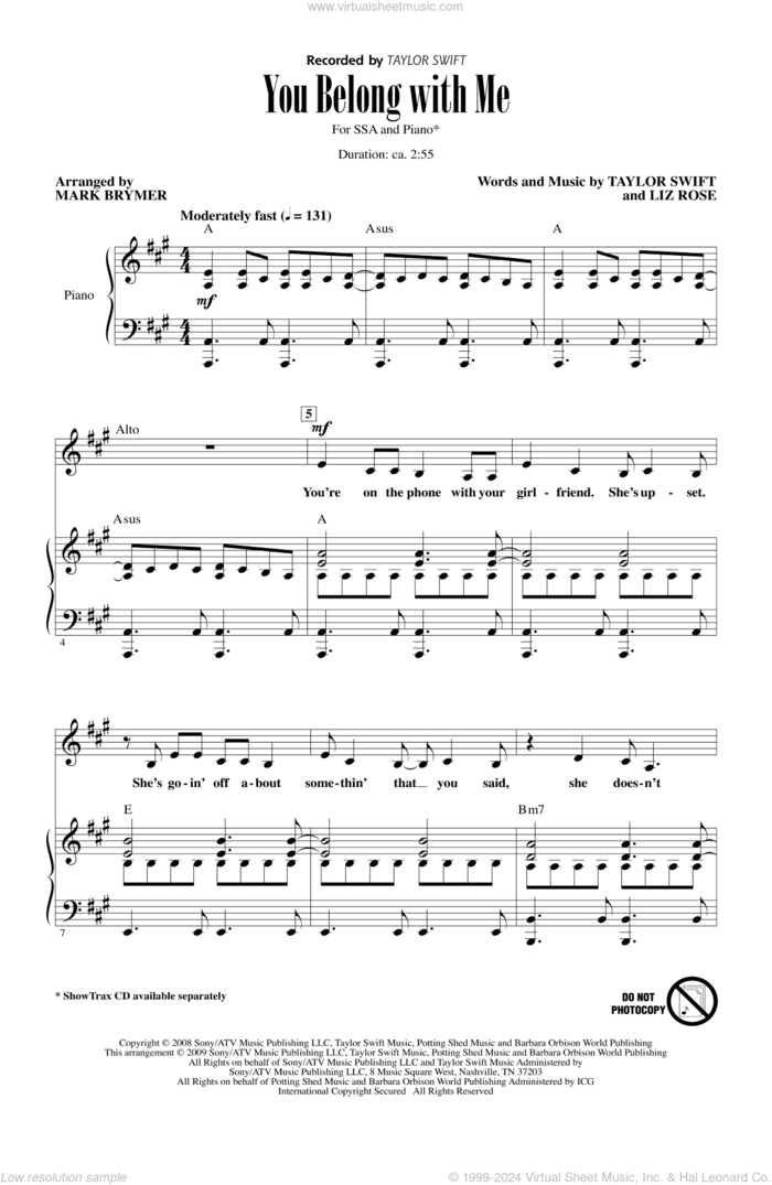 You Belong With Me sheet music for choir (SSA: soprano, alto) by Taylor Swift, Liz Rose and Mark Brymer, intermediate skill level