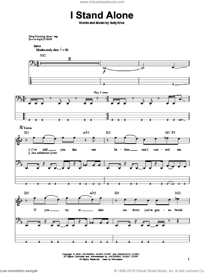 I Stand Alone sheet music for bass (tablature) (bass guitar) by Godsmack and Sully Erna, intermediate skill level