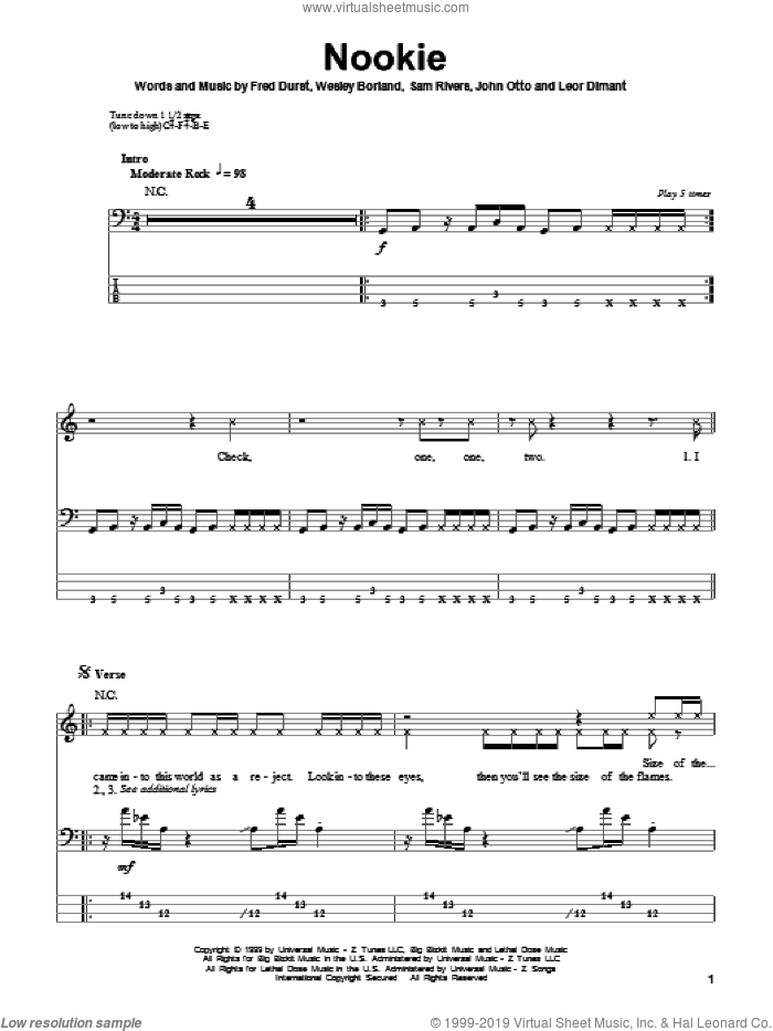 Nookie sheet music for bass (tablature) (bass guitar) by Limp Bizkit, Fred Durst, John Otto, Leor Dimant, Sam Rivers and Wes Borland, intermediate skill level