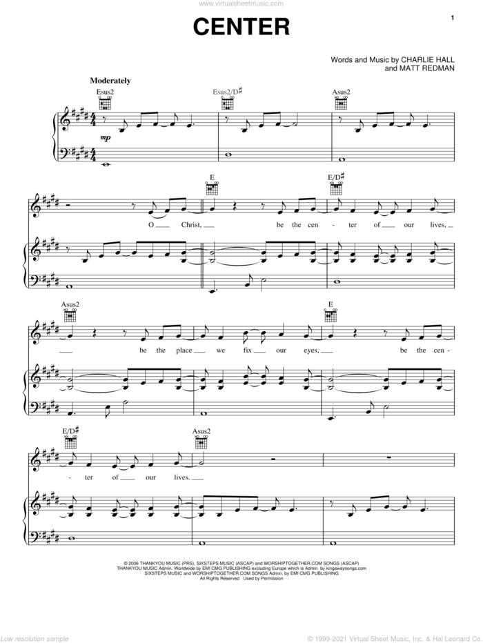 Center sheet music for voice, piano or guitar by Matt Redman and Charlie Hall, wedding score, intermediate skill level