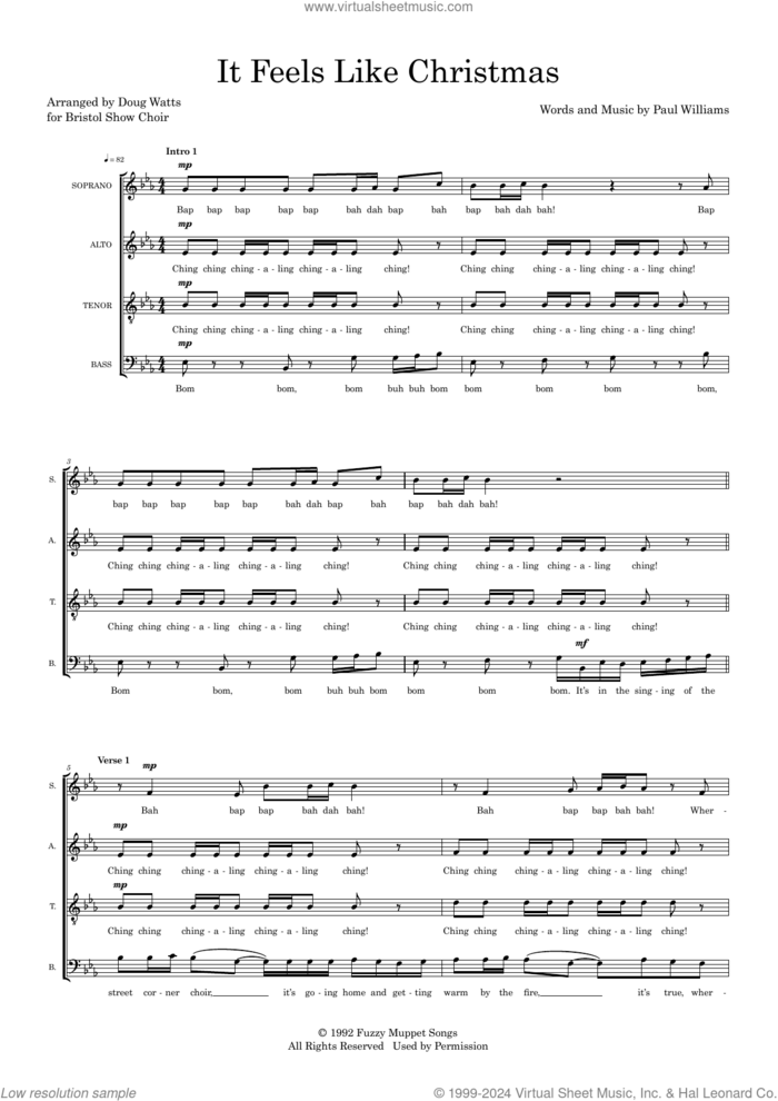It Feels Like Christmas (arr. Doug Watts) sheet music for choir (SATB: soprano, alto, tenor, bass) by Paul Williams and Doug Watts, intermediate skill level