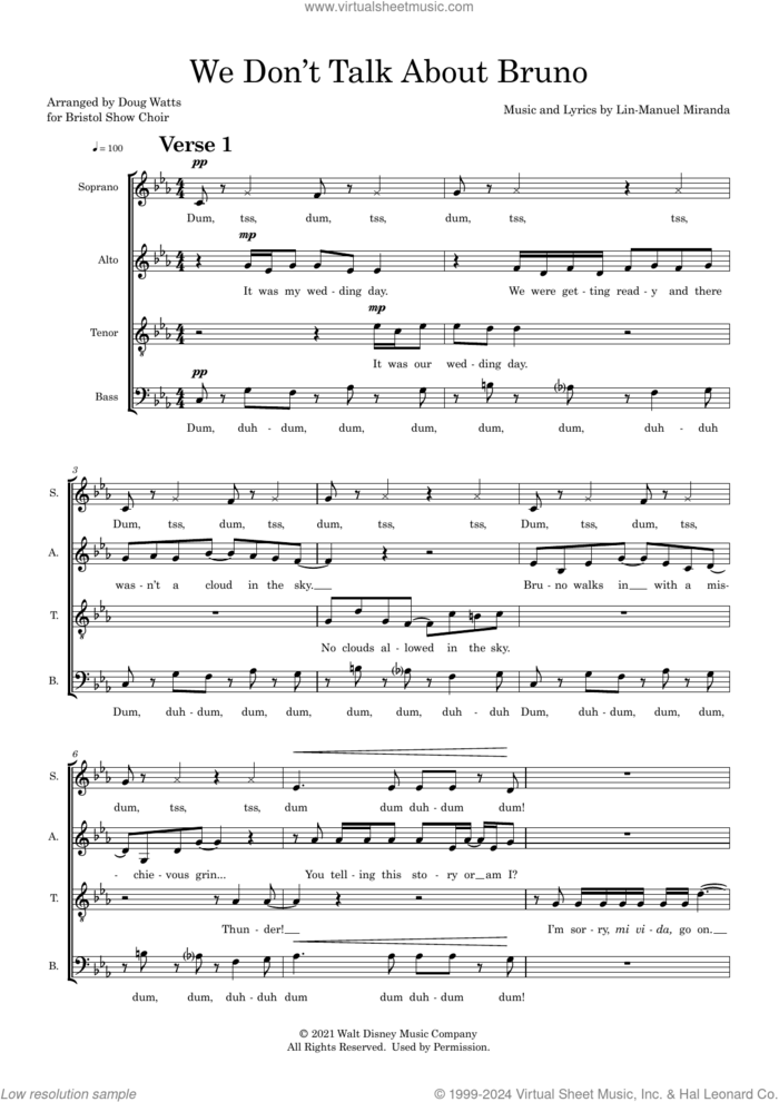 We Don't Talk About Bruno (arr. Doug Watts) sheet music for choir (SATB: soprano, alto, tenor, bass) by Lin-Manuel Miranda and Doug Watts, intermediate skill level