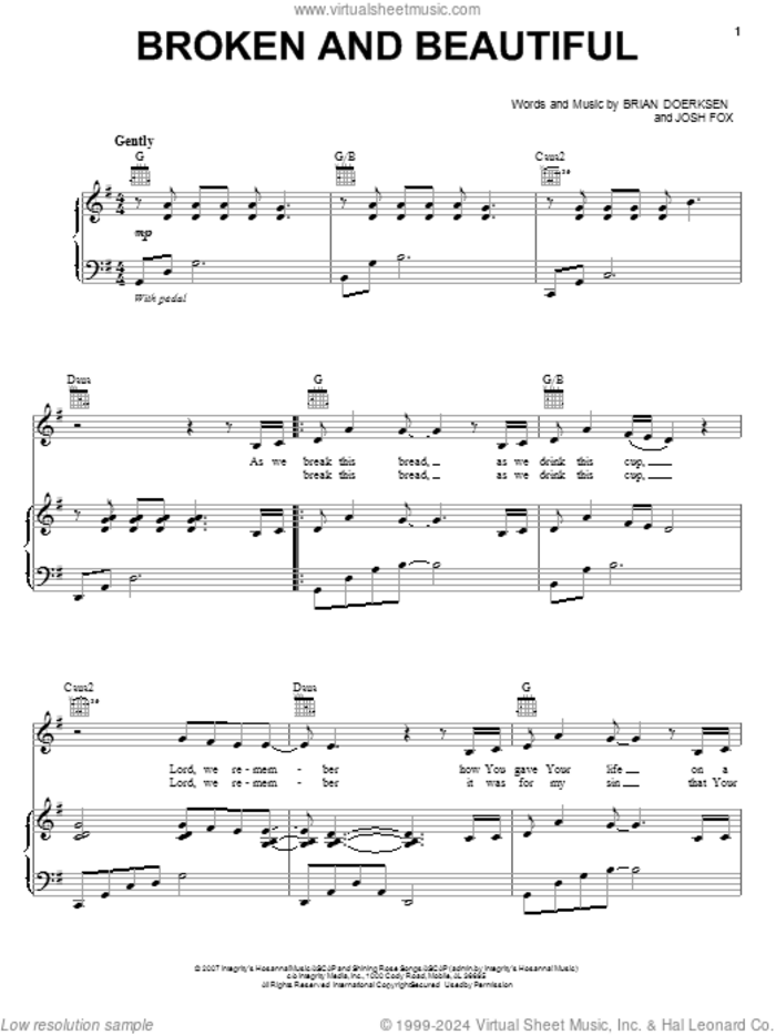 Broken And Beautiful sheet music for voice, piano or guitar by Brian Doerksen and Josh Fox, wedding score, intermediate skill level