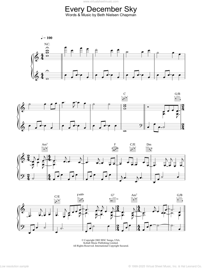 Every December Sky sheet music for voice, piano or guitar by Beth Nielsen Chapman, intermediate skill level