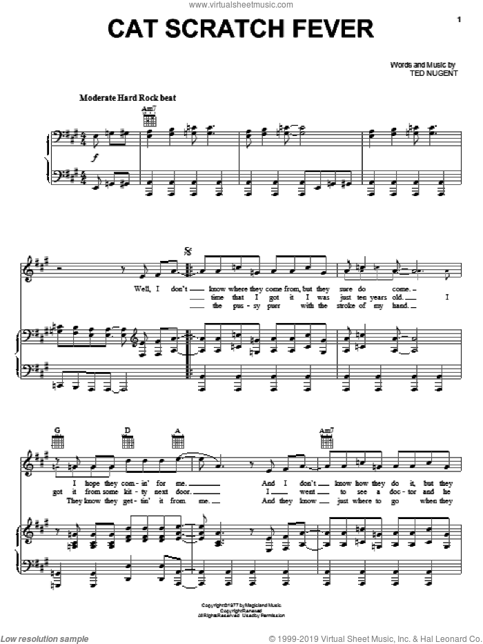 Cat Scratch Fever sheet music for voice, piano or guitar by Ted Nugent and Pantera, intermediate skill level