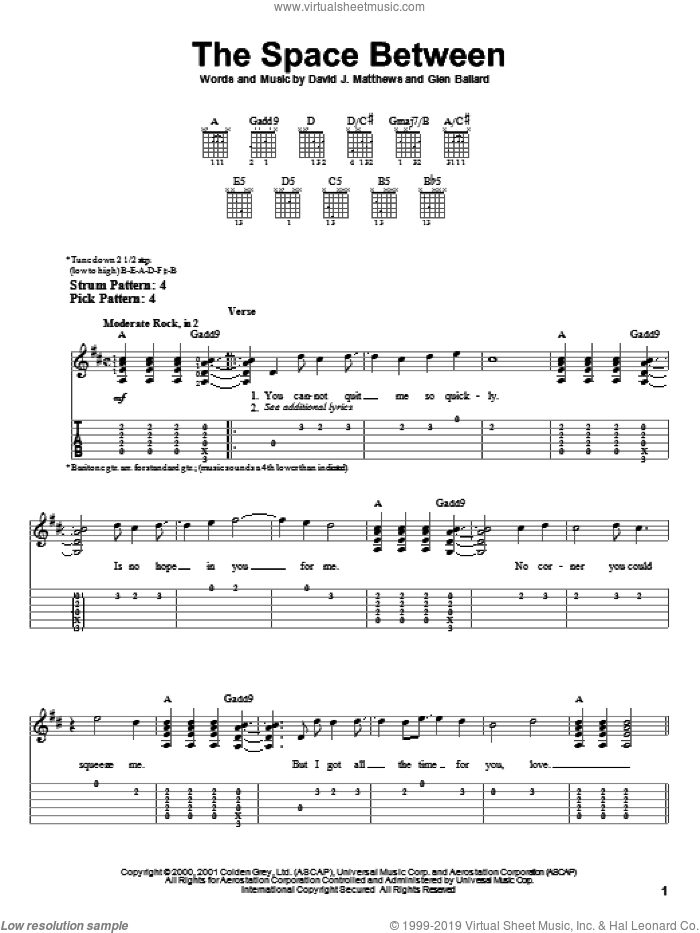 The Space Between sheet music for guitar solo (easy tablature) by Dave Matthews Band and Glen Ballard, easy guitar (easy tablature)