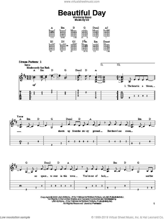 Beautiful Day sheet music for guitar solo (easy tablature) by U2 and Bono, easy guitar (easy tablature)
