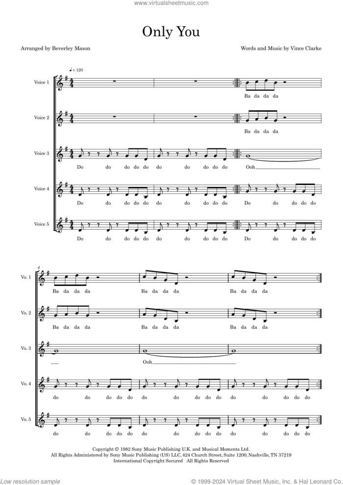 Only You (arr. Beverley Mason) sheet music for choir (SSSAA) by Yazoo, Beverley Mason and Vince Clarke, intermediate skill level