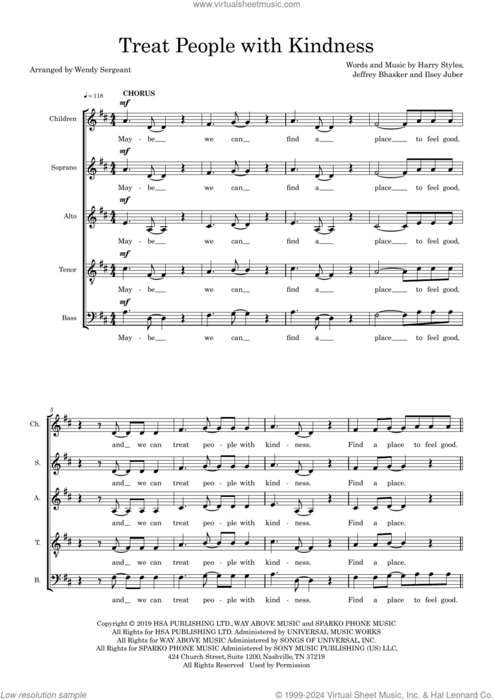 Treat People with Kindness (arr. Wendy Sergeant) sheet music for choir (SSATB) by Harry Styles, Wendy Sergeant, Ilsey Juber, Jeff Bhasker and Jeffrey Bhasker, intermediate skill level