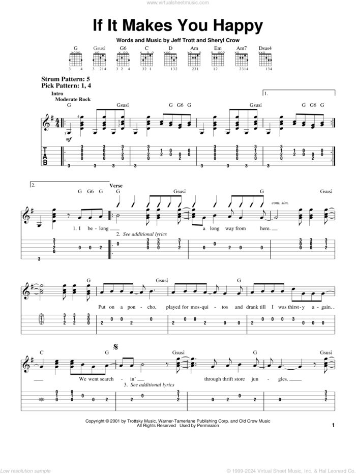 If It Makes You Happy sheet music for guitar solo (easy tablature) by Sheryl Crow and Jeff Trott, easy guitar (easy tablature)