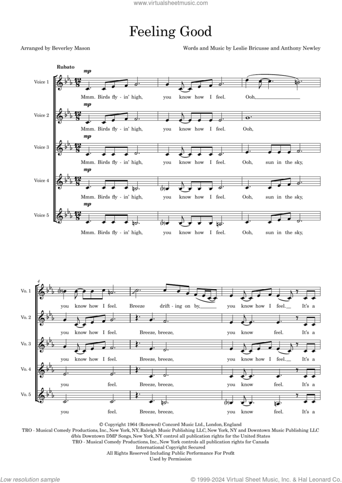 Feeling Good (arr. Beverley Mason) sheet music for choir (SSSAA) by Nina Simone, Beverley Mason, Anthony Newley and Leslie Bricusse, intermediate skill level