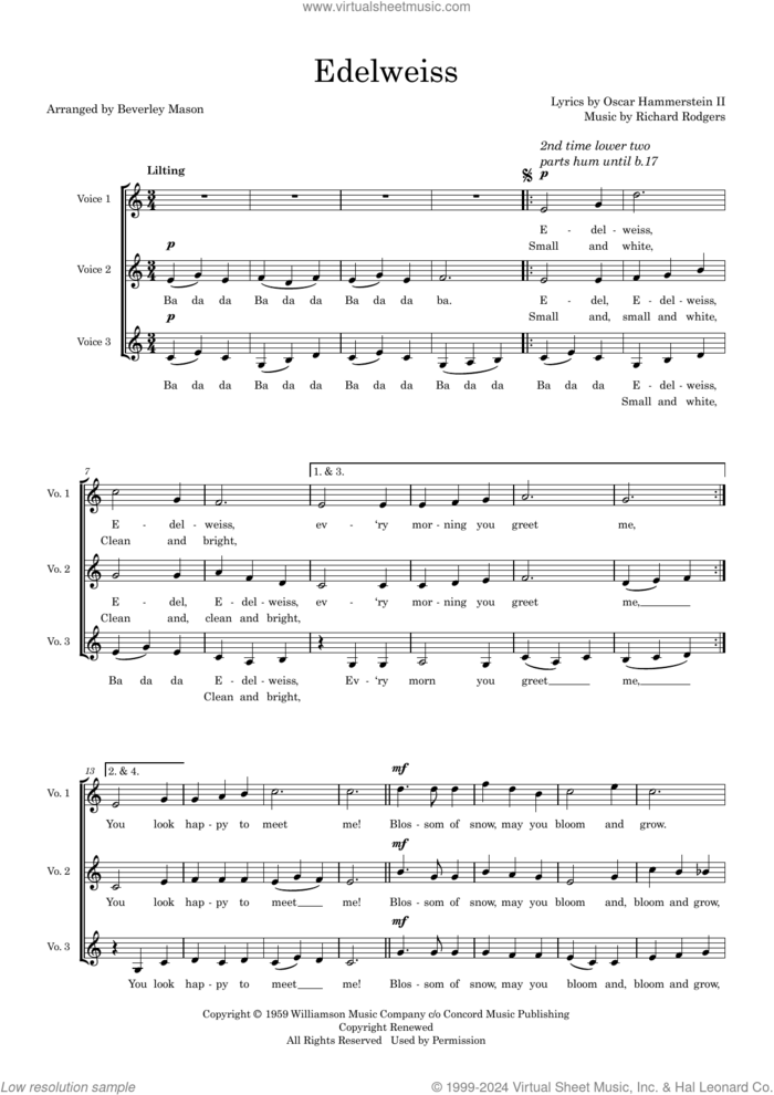 Edelweiss (arr. Beverley Mason) sheet music for choir (SSA: soprano, alto) by Richard Rodgers & Oscar Hammerstein II, Beverley Mason, Oscar II Hammerstein and Richard Rodgers, intermediate skill level