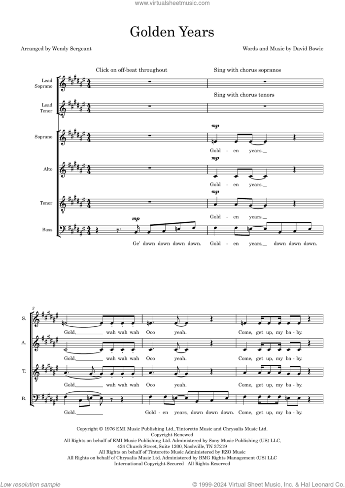 Golden Years (arr. Wendy Sergeant) sheet music for choir (SATB: soprano, alto, tenor, bass) by David Bowie and Wendy Sergeant, intermediate skill level