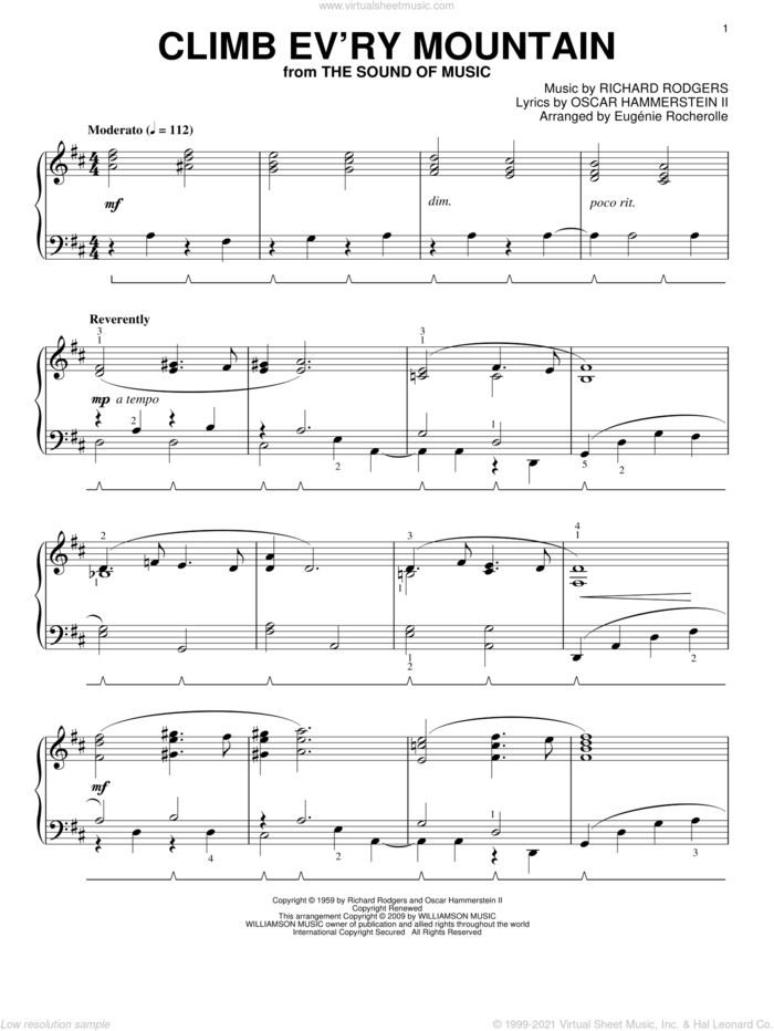 Climb Ev'ry Mountain sheet music for piano solo by Rodgers & Hammerstein, Eugenie Rocherolle, The Sound Of Music (Musical), Oscar II Hammerstein and Richard Rodgers, intermediate skill level