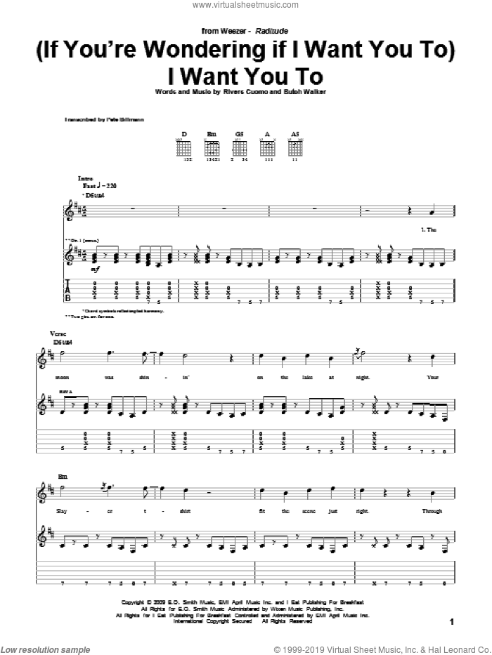 (If You're Wondering If I Want You To) I Want You To sheet music for guitar (tablature) by Weezer, Butch Walker and Rivers Cuomo, intermediate skill level