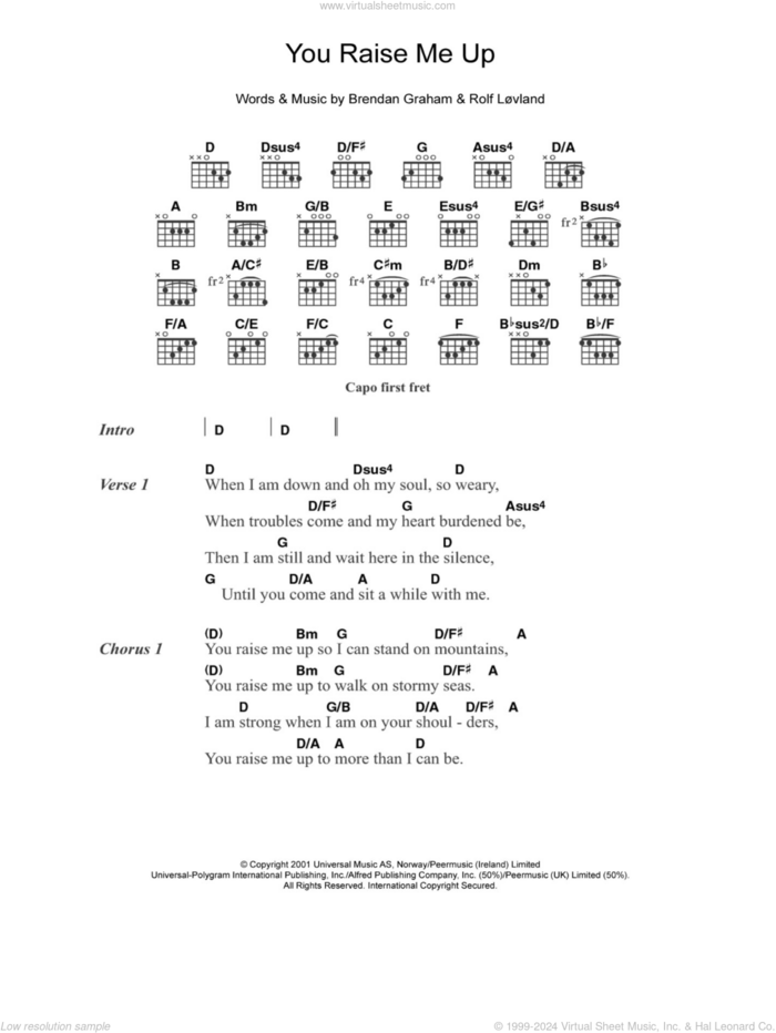 You Raise Me Up sheet music for guitar (chords) by Westlife, Brendan Graham and Rolf Lovland, wedding score, intermediate skill level