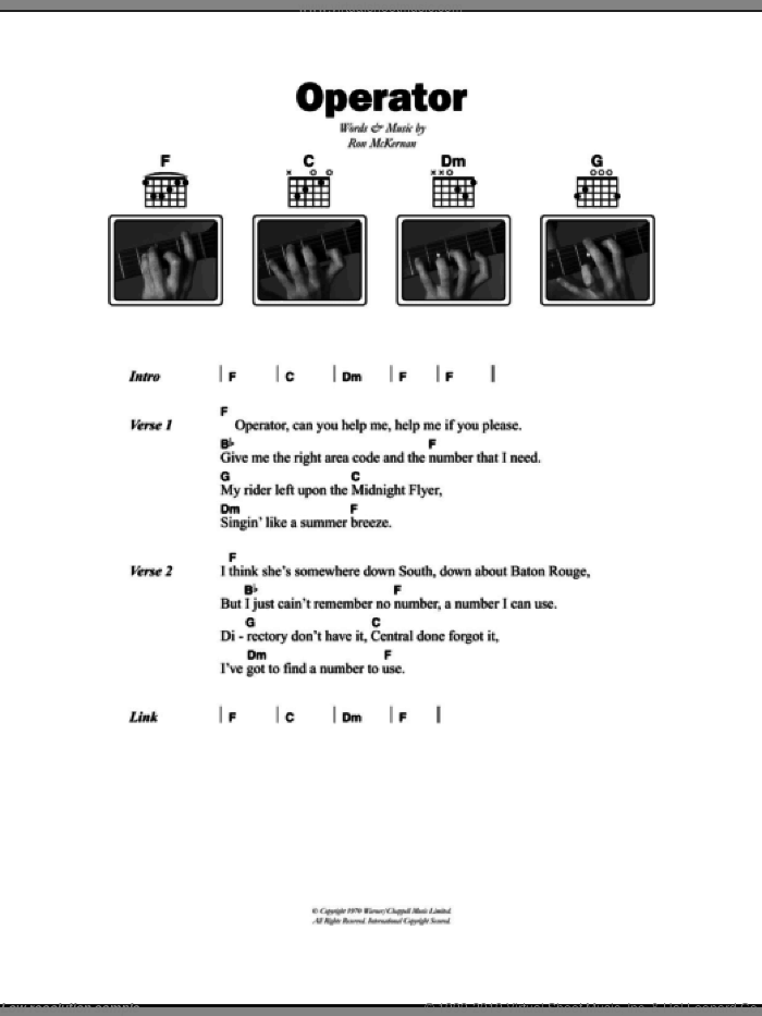 Operator sheet music for guitar (chords) by Grateful Dead and Ron McKernan, intermediate skill level