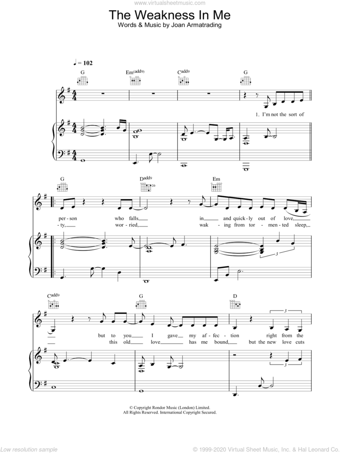 The Weakness In Me sheet music for voice, piano or guitar by Joan Armatrading, intermediate skill level