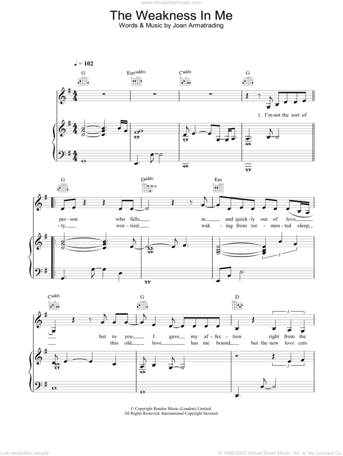 The Weakness In Me sheet music for voice, piano or guitar by Joan Armatrading, intermediate skill level