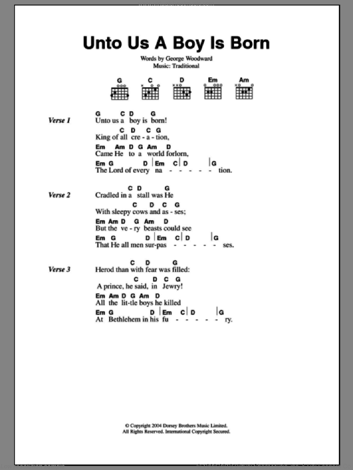 Unto Us A Boy Is Born sheet music for guitar (chords) by George Woodward and Miscellaneous, intermediate skill level