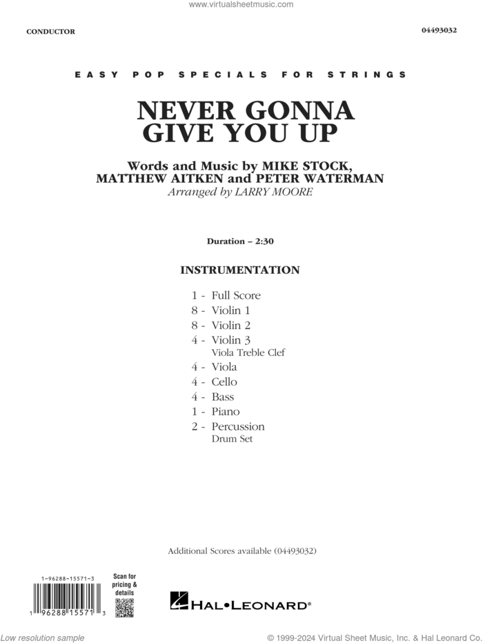 Never Gonna Give You Up (arr. Larry Moore) (COMPLETE) sheet music for orchestra by Rick Astley, Larry Moore, Matthew Aitken, Mike Stock and Pete Waterman, intermediate skill level