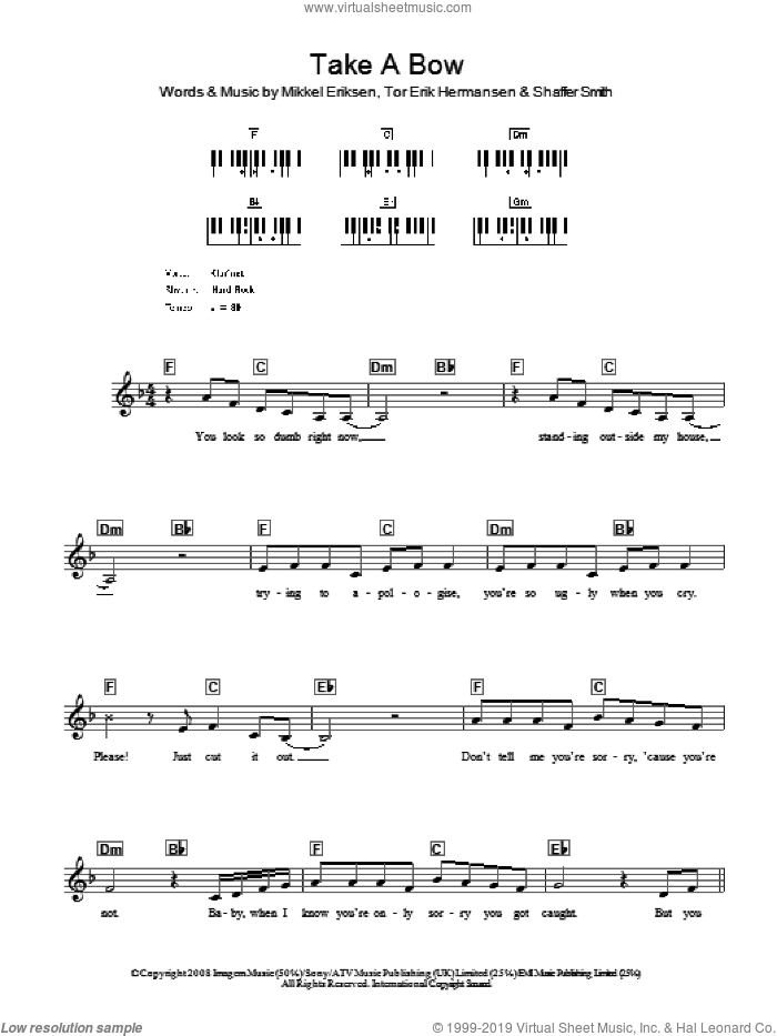 Take A Bow sheet music for voice and other instruments (fake book) by Rihanna, Mikkel Eriksen, Shaffer Smith and Tor Erik Hermansen, intermediate skill level