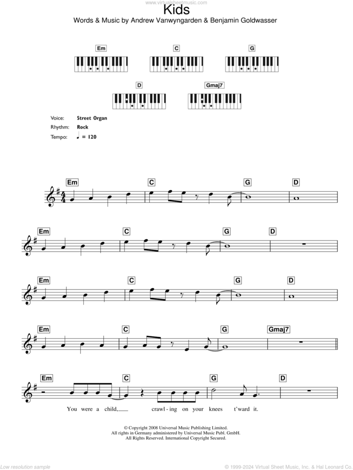 Kids sheet music for piano solo (chords, lyrics, melody) by MGMT, Andrew Vanwyngarden and Benjamin Goldwasser, intermediate piano (chords, lyrics, melody)