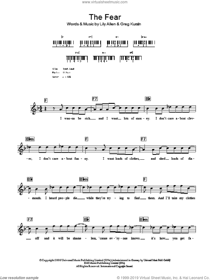 The Fear sheet music for voice and other instruments (fake book) by Lily Allen and Greg Kurstin, intermediate skill level
