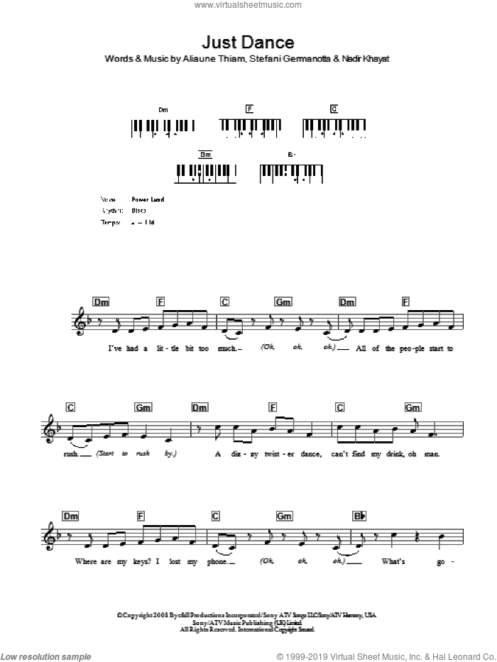 Just Dance sheet music for voice and other instruments (fake book) by Lady GaGa, Aliaune Thiam and Nadir Khayat, intermediate skill level