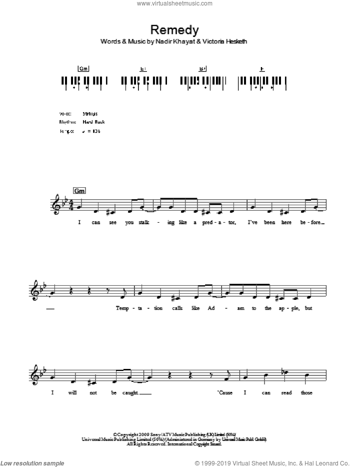 Remedy sheet music for voice and other instruments (fake book) by Little Boots, Nadir Khayat and Victoria Hesketh, intermediate skill level