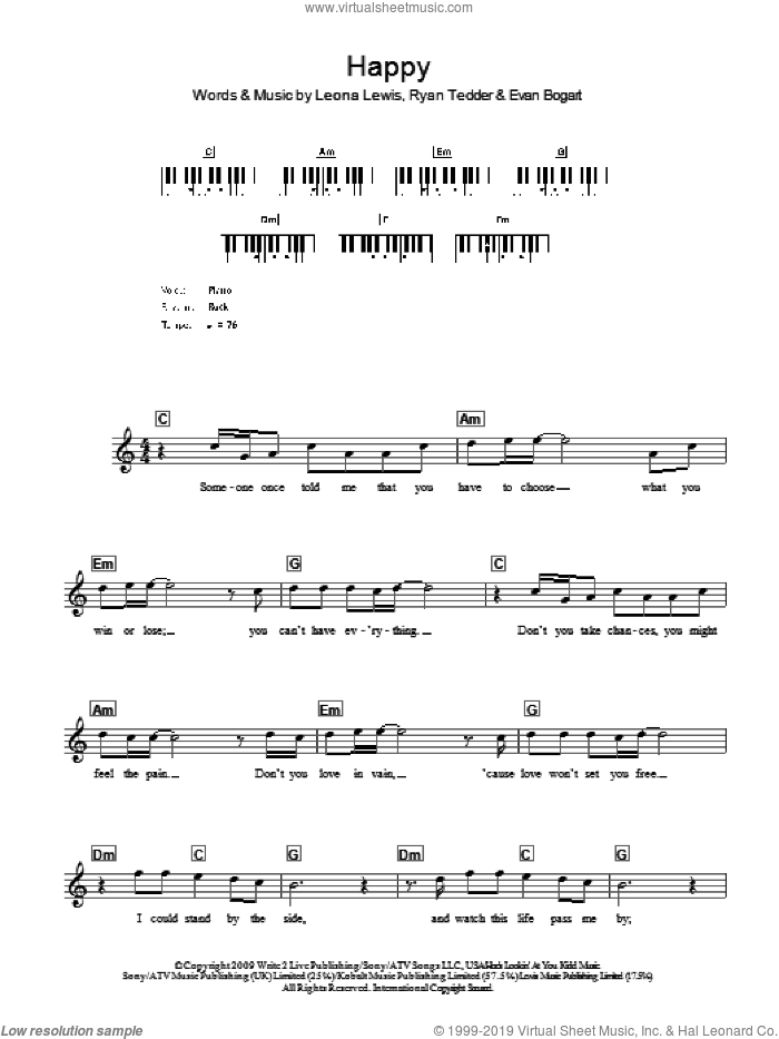 Happy sheet music for voice and other instruments (fake book) by Leona Lewis, Evan Bogart and Ryan Tedder, intermediate skill level