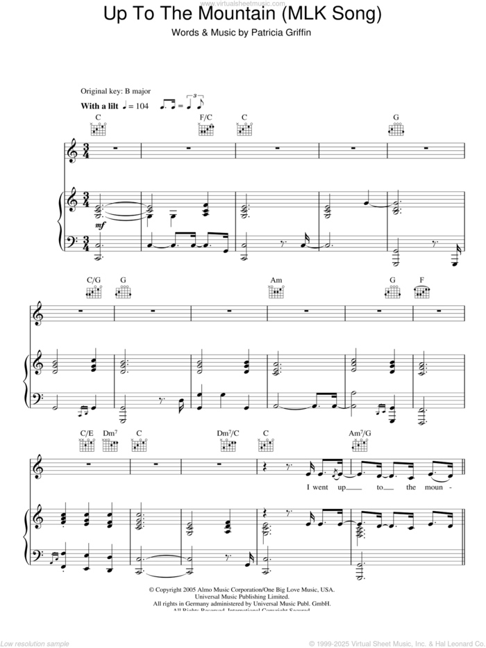 Up The Mountain (MLK Song) sheet music for voice, piano or guitar by Susan Boyle and Patty Griffin, intermediate skill level